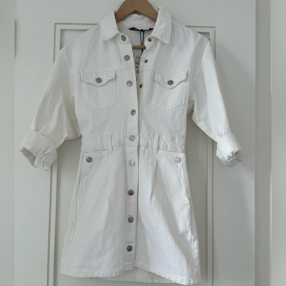 NWT Zara White Denim Button Front Utility Mini Dress Size XS